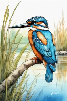 a painting of a blue and orange bird sitting on a branch next to the water