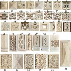 the different types and shapes of carved wood panels for doors, windows, and more