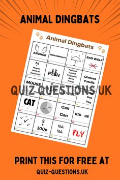 an animal dingbats game is shown with the words, print this for free at quiz