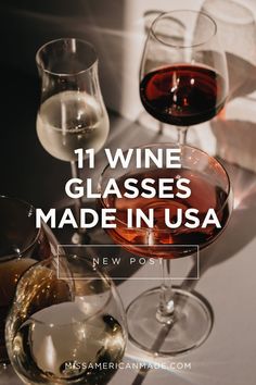 wine glasses are lined up on a table with the words, 11 wine glasses made in usa