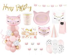 a birthday party set up with pink and gold balloons, cat masks, plates, napkins