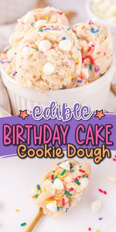 birthday cake cookie dough with sprinkles in a bowl and on a stick