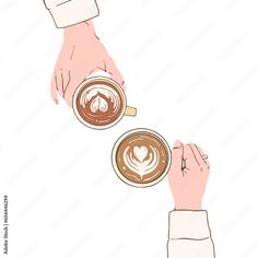 two people holding cups of coffee in their hands, with the other hand reaching for one