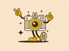 a cartoon camera character holding up his hands