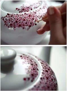 two pictures of a white teapot with red speckles on it