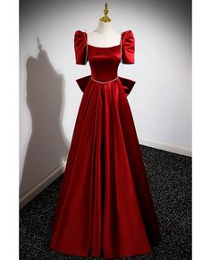 Get 10% off now! Buy formal burgundy satin aline long evening dress square neck with big bow in back at cheap price online. Free stable shipping and pro custom service since 2009. Satin Long Prom Dress, Dress Square Neck, A Line Evening Dress, Long Evening Dress, فستان سهرة, Dress A Line, Big Bows, Long Prom Dress, Evening Dresses Long