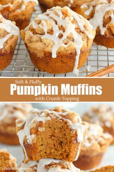 pumpkin crumb muffins with cinnamon icing are on a cooling rack and have been cut in half