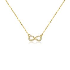 Add a touch of elegance with our Gold Pave Infinity Pendant Necklace, featuring a shimmering infinity symbol encrusted with sparkling pave stones. This timeless piece symbolizes endless love and connection, making it perfect for any occasion. Elevate your accessory collection with this chic and meaningful necklace, designed to add a refined sparkle to your look. Made with 100% recycled Sterling Silver base with a thick layer of high quality 14k gold plating ensuring lasting quality.  This produc Cubic Zirconia Infinity Necklace With Diamond Accents, Infinity Necklace With Diamond Accents In Cubic Zirconia, Infinity Shaped Cubic Zirconia Necklace With Diamond Accents, Formal Infinity Necklace In Cubic Zirconia, Formal Infinity Cubic Zirconia Necklace, Infinity Necklace With Diamond Accents, Elegant Infinity Jewelry With Pave Setting, Infinity Shaped Jewelry With Pave Setting For Gift, Meaningful Necklace