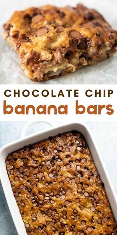 chocolate chip banana bars in a baking dish with the title above it and bottom photo