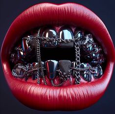 a woman's red lips with chains and rings on the lip, all around her