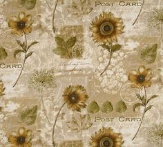 the fabric has sunflowers on it and is very light brown with green leaves