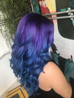 Galaxy Purple Hair, Cosmic Hair Color, Galaxy Hair Color Ombre, Blue To Purple Ombre Hair, Blue And Purple Hair Highlights, Blue And Purple Ombre Hair, Dark Blue And Purple Hair, Blue And Violet Hair, Purple Blue Hair