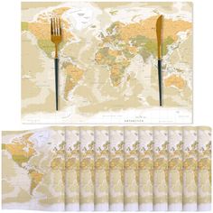 a map with two forks and a knife on top of each other in front of a world map