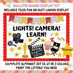 an image of a movie poster with the words lights camera learn