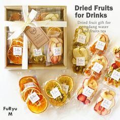 an advertisement for dried fruits is shown with oranges, apples, and other fruit