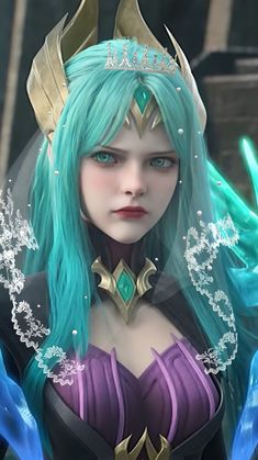 a woman with green hair and blue eyes is dressed up in an elf - like outfit