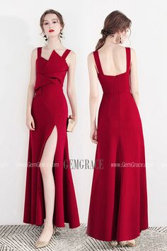 Party Dress With Spaghetti Straps And Split Design, Spaghetti Strap Party Dress With Split Design, Sleeveless Evening Dress With Split Design For Prom, Red Split Dress For Prom, Elegant Red Split Dress, Elegant Red Maxi Dress With Split, Red Elegant Maxi Dress With Split, Party Maxi Dress With Spaghetti Straps And Split Design, Red Party Dress With Split Design