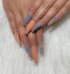 Pinterest | @ Haleyyxoo† Orange Ombre Nails, Tie Dye Nails, Edgy Nails, Her Nails, Fall Acrylic Nails, Long Acrylic Nails Coffin, Orange Ombre, Blue Nail, Summer Acrylic Nails