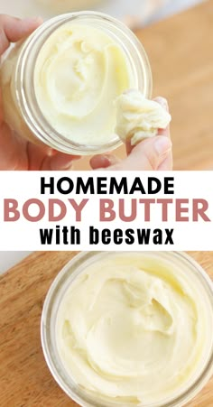 homemade body butter with beeswax in a jar on a wooden surface and text overlay that reads homemade body butter with beeswax