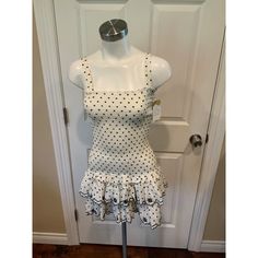 Women's Dress By Wayf, Nwt! Us Size: Xs Chest: 22" Length: (Top Of Strap To Hemline) 30.5" * White & Black Polka Dot Pattern Linen Dress * Scalloped & Ruffle Skirt W/ Embroidered Dots, Scallops & Floral Design * Straight Neckline * Unlined * Pullover * Stretchy Elastic Shirring Top W/ Straps Material:55% Linen 45% Rayon. Please Let Me Know If You Have Any Additional Questions And Feel Free To Check Out My Other Listings. Thanks! 33641 Fitted Polka Dot Summer Dress, Fitted Polka Dot Dress For Summer, Fitted Polka Dot Mini Dress, Flirty Polka Dot Mini Dress For Spring, Fitted Polka Dot Mini Dress, Knee-length, Fitted Polka Dot Knee-length Mini Dress, Fitted Knee-length Polka Dot Mini Dress, Chic Fitted Polka Dot Dress, Fitted Polka Dot Mini Dress For Spring