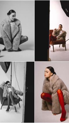 four different shots of women in fur coats and red boots, one sitting on a chair