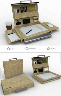 three different views of an office desk with laptop, mouse and pen in the same box