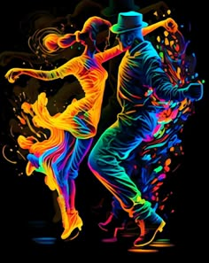 two people are dancing with colored paint on their body and one is wearing a top hat