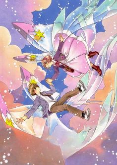 two anime characters flying through the air with their arms around each other and stars in the sky behind them