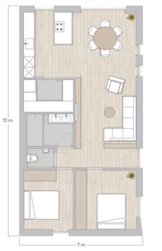 the floor plan for an apartment with two beds and one living room, which is divided into