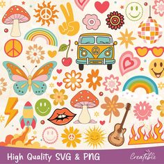 an assortment of colorful stickers with flowers, hearts, and other things in the background