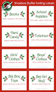 six christmas labels with holly leaves on them and the words,'school supplies '