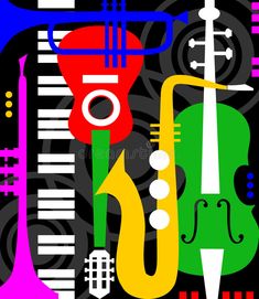 an image of musical instruments on a black and white background with colorful lines in the foreground