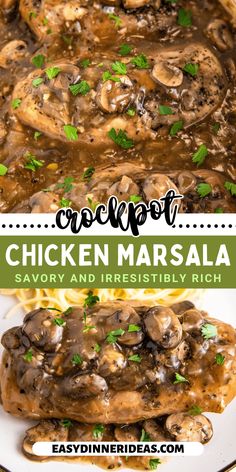 chicken marsala with mushrooms and gravy in a skillet on a white plate