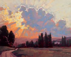 an oil painting of the sun setting over a rural road