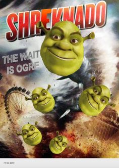 shrawndo the wait is o'gre poster with four smiling green men