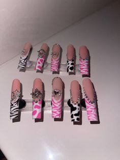 pink & black animal print press on nails   custom made, hand painted,  size medium- large  XXL length  square shape Nail Designs Xxl, Square Acrylic Nails Medium Length, Pink Animal Print Nails, Nail Care Routine, Work Nails, Long Acrylic Nails Coffin, Animal Print Nails, Pink Animals, Press Ons