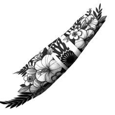 a black and white tattoo design with flowers on it's arm, in the shape of an arrow