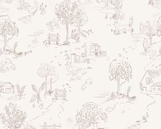 a white wallpaper with trees and houses on it