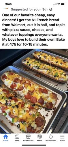 two trays filled with pizza sitting on top of a stove next to each other