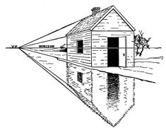 a drawing of a house in the water with an arrow pointing to it's door