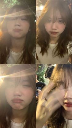 four different pictures of a woman with long hair and sun shining through her eyes,