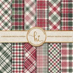 christmas plaid digital paper pack with gold foil and red, green and white plaid patterns