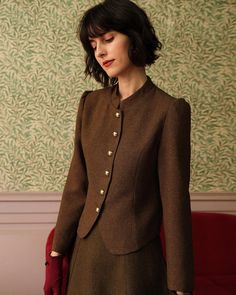 The Solid Retro Single-breasted Tweed Jacket & Reviews - Brown - Outerwear | RIHOAS Tailored Clothes, Retro Jacket, Button Up Jacket, Tweed Skirt, Button Jacket, Tweed Fabric, The Balance, Pleated Mini Skirt, Business Casual Outfits