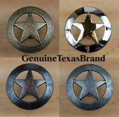 four metal star emblems are shown on the side of a wooden table with text overlaying them that says genuine texas brand