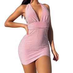 Features: By: Genuine Style: Deep V-Neck Tie Back Shimmer Bodycon Mini Dress Color: Pink Fabric Content: Cotton/ Polyester Neckline: V-Neck D2t1293 Year Round Length: Mini Size: Womens L Condition: New With Tags Pink Fitted V-neck Dress For Date Night, Pink V-neck Halter Dress For Date Night, Pink V-neck Halter Dress For Night Out, Pink Fitted V-neck Backless Dress, Fitted Halter Neck V-neck Dress For Date Night, Fitted V-neck Halter Dress For Date Night, Flirty Fitted V-neck Backless Dress, Pink V-neck Bodycon Cocktail Dress, Chic V-neck Bodycon Backless Dress