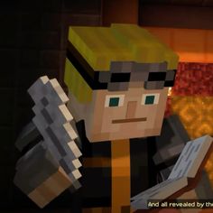 a man holding a knife in front of a fire place with the words minecraft on it