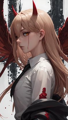 an anime character with horns and blood on her face