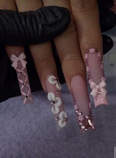 Latina Nail Inspo Long, Baddie Acrylic Nails Designs, Long Baddie Nails Acrylic, Long Pink Birthday Nails, Cocette Nail Ideas, Quinceanera Nails Pink, Nail Ideas Bling, Long Square Nails Ideas, Baddie Long Nails