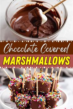 chocolate covered marshmallows on a plate with sprinkles in the bowl