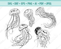 the jellyfish clip art is shown in three different styles, including black and white